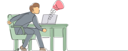 Single continuous line drawing sad man using social media and being punched by boxing gloves from computer laptop. Cyber bullying, online harassment using social media. One line graphic design png