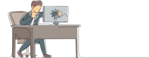 Continuous one line drawing angry businessman breaks his laptop computer hitting it with clenched fist sitting at desk. Frustrated man worker punching hole in pc screen. Single line draw design png