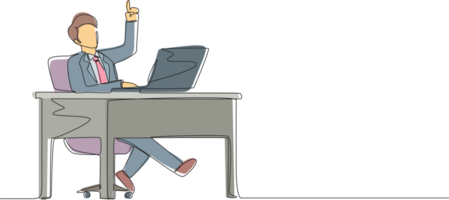 Single one line drawing businessman getting bright new idea while working with laptop on desk. Male manager working with computer at desk. People get idea. Modern continuous line draw design png