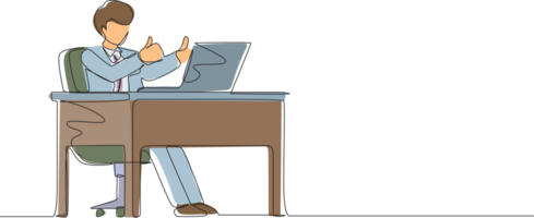 Single continuous line drawing businessman giving good sign in front of computer. Male manager in suit operating PC while doing thumbs-up sign. Happy employee concept. One line graphic design png