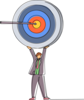 Single continuous line drawing businessman holding up big target with arrow. Young smart male employee with aim symbol of having success idea. Dynamic one line draw graphic design illustration png