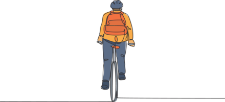 One continuous line drawing of young professional manager man cycling ride bike to his office, rear view. Healthy working urban lifestyle concept. Dynamic single line draw design illustration png