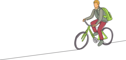 uno continuo linea disegno di giovane professionale manager uomo Ciclismo cavalcata bicicletta per il suo ufficio. salutare Lavorando urbano stile di vita concetto. dinamico singolo linea disegnare design grafico illustrazione png