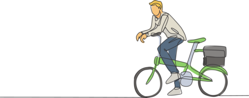 un continu ligne dessin de Jeune professionnel directeur homme cyclisme balade pliant vélo à le sien bureau. en bonne santé travail Urbain mode de vie concept. dynamique Célibataire ligne dessiner conception illustration png