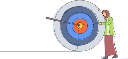 Continuous one line drawing Arab businesswoman hugs and stands next to circle of target, arrow that hit target right in middle, analyze result of achievement within company. Single line design png