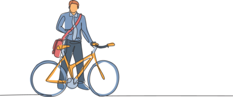 single doorlopend lijn tekening jong professioneel zakenman rijden fiets naar zijn bedrijf. fiets naar werk, eco vriendelijk vervoer concept. modieus een lijn trek ontwerp grafisch illustratie png