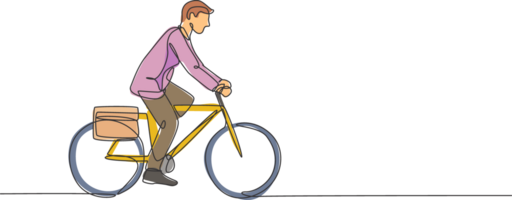 1 solteiro linha desenhando do jovem feliz profissional comece empregado homem passeio bicicleta para a coworking espaço ilustração. saudável viajante estilo de vida conceito. moderno contínuo linha desenhar Projeto png