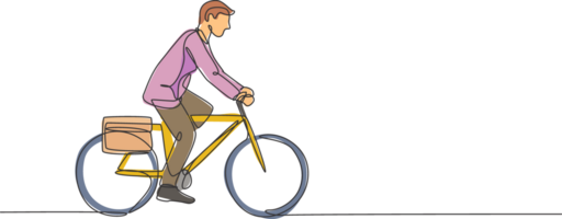 uno singolo linea disegno di giovane contento professionale avviare dipendente uomo cavalcata bicicletta per il coworking spazio illustrazione. salutare pendolare stile di vita concetto. moderno continuo linea disegnare design png