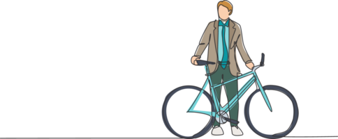 One single line drawing of young happy professional startup employee man ride bicycle to the coworking space illustration. Healthy commuter lifestyle concept. Modern continuous line draw design png