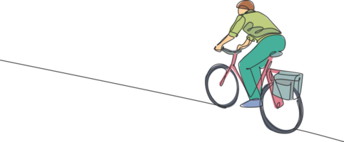 1 contínuo linha desenhando do jovem profissional Gerente homem ciclismo passeio bicicleta para dele escritório. saudável trabalhando urbano estilo de vida conceito. dinâmico solteiro linha desenhar Projeto gráfico ilustração png