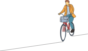 ett enda linje teckning av ung Lycklig professionell börja anställd man rida cykel till de coworking Plats illustration. friska pendlare livsstil begrepp. modern kontinuerlig linje dra design png
