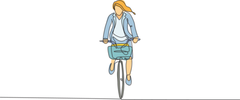 soltero continuo línea dibujo de joven profesional mujer de negocios montando bicicleta a su compañía. bicicleta a trabajar, eco simpático transporte concepto. de moda uno línea dibujar diseño ilustración png