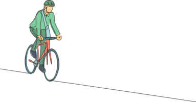 soltero continuo línea dibujo joven profesional empresario montando bicicleta a su compañía. bicicleta a trabajar, eco simpático transporte concepto. de moda uno línea dibujar diseño gráfico ilustración png