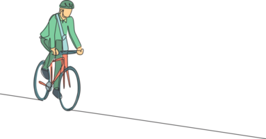 Célibataire continu ligne dessin Jeune professionnel homme d'affaire équitation vélo à le sien entreprise. bicyclette à travail, éco amical transport concept. branché un ligne dessiner conception graphique illustration png