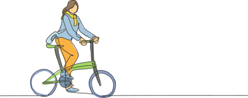 uno soltero línea dibujo joven contento puesta en marcha empleado mujer paseo bicicleta a el trabajo colaborativo espacio ilustración gráfico. sano viajero diario al trabajo urbano estilo de vida concepto. moderno continuo línea dibujar diseño png