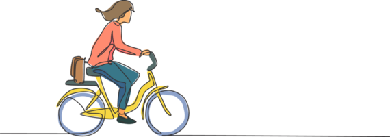 One continuous line drawing of young professional manager woman cycling ride folded bicycle to her office. Healthy working urban lifestyle concept. Dynamic single line draw design illustration png