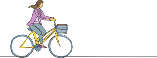 uno singolo linea disegno giovane contento avviare dipendente donna cavalcata bicicletta per il coworking spazio grafico illustrazione. salutare urbano pendolare stile di vita concetto. moderno continuo linea disegnare design png