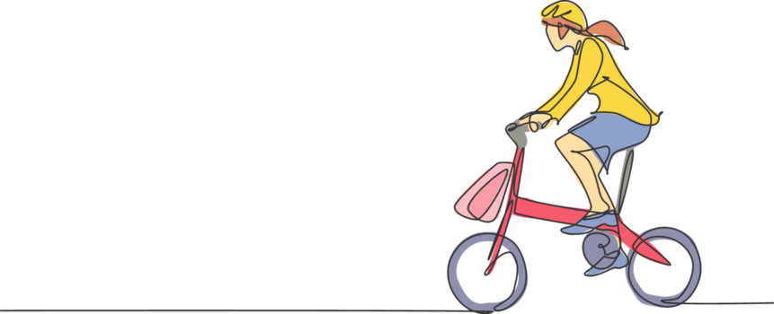 ett kontinuerlig linje teckning av ung professionell chef kvinna cykling rida vikta cykel till henne kontor. friska arbetssätt urban livsstil begrepp. dynamisk enda linje dra design illustration png