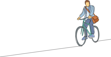 uno soltero línea dibujo de joven contento profesional puesta en marcha empleado hombre paseo bicicleta a el trabajo colaborativo espacio ilustración. sano viajero diario al trabajo estilo de vida concepto. moderno continuo línea dibujar diseño png