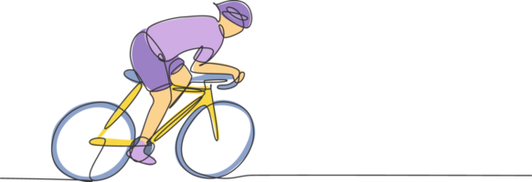 ett enda linje teckning av ung energisk man cykel racer förbättra hans hastighet på Träning session illustration. tävlings cyklist begrepp. kontinuerlig linje dra design för cykling händelse baner png