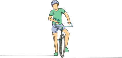 Célibataire continu ligne dessin de Jeune agile homme cycliste pose en toute confiance à cyclisme événement. sport mode de vie concept. branché un ligne dessiner conception illustration pour cyclisme course promotion médias png