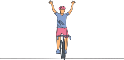 One continuous line drawing of young sporty man bicycle racer cross finish line and raise up his hands. Road cyclist concept. Single line draw design illustration for cycling competition poster png