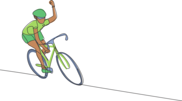 uno continuo línea dibujo de joven deportivo hombre bicicleta corredor ola mano a simpatizantes la carretera ciclista concepto. dinámica soltero línea dibujar diseño gráfico ilustración para ciclismo competencia póster png