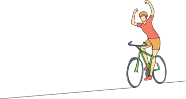 Single continuous line drawing of young agile man cyclist raise his hands while reach finish line. Sport lifestyle concept. One line draw design illustration for cycling race promotion media png