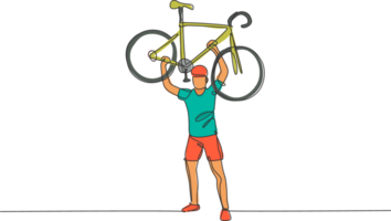 One continuous line drawing young sporty man bicycle racer lift up his light bicycle. Road cyclist concept. Dynamic single line draw design graphic illustration for cycling competition poster png