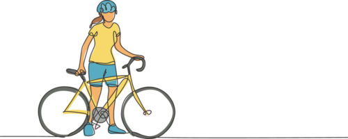 One continuous line drawing of young sporty woman bicycle racer wait for her friend at road side. Road cyclist concept. Dynamic single line draw design illustration for cycling sport poster png