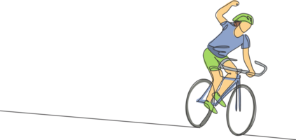 soltero continuo línea dibujo de joven ágil hombre ciclista contento a alcanzar terminar línea. deporte estilo de vida concepto. de moda uno línea dibujar diseño gráfico ilustración para ciclismo carrera promoción medios de comunicación png