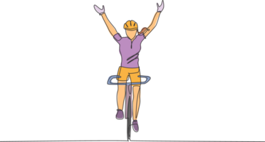 Célibataire continu ligne dessin de Jeune agile femme cycliste élever sa mains en haut sur le air. sport mode de vie concept. branché un ligne dessiner conception illustration pour cyclisme course promotion médias png