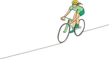 One continuous line drawing of young sporty woman bicycle racer focus train her skill at cycling track. Road cyclist concept. Single line draw design illustration for cycling competition poster png