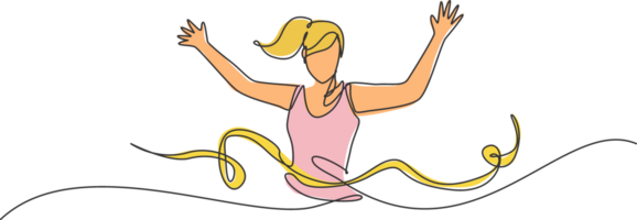 One single line drawing of young happy runner woman pass finish line and hit ribbon graphic illustration. Healthy lifestyle and competitive sport concept. Modern continuous line draw design png