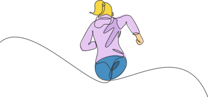 un continu ligne dessin de Jeune sportif coureur femme se détendre fonctionnement à campagne. en bonne santé mode de vie et amusement le jogging sport concept. dynamique Célibataire ligne dessiner conception illustration graphique png