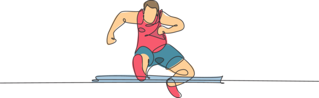 soltero continuo línea dibujo de joven contento salud corredor hombre saltar corriendo pasar obstáculo a correr pista. divertido deporte trotar y sano estilo de vida concepto. de moda uno línea dibujar diseño ilustración png