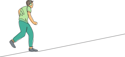 einer kontinuierlich Linie Zeichnung von jung Läufer Mann Hören Musik- und entspannen Laufen beim Landschaft. gesund Lebensstil und Spaß Joggen Sport Konzept. dynamisch Single Linie zeichnen Design Illustration png