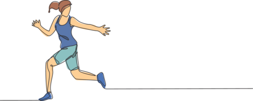 uno soltero línea dibujo de joven contento corredor mujer ejercicio a recibir batuta palo gráfico ilustración. sano estilo de vida y competitivo deporte concepto. moderno continuo línea dibujar diseño png