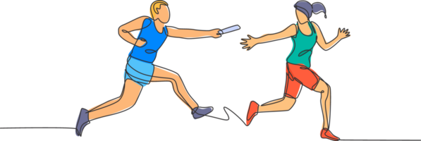 einer kontinuierlich Linie Zeichnung von jung sportlich Läufer Mann bestehen Taktstock Stock zu seine Mannschaft sich paaren. gesund Lebensstil und Spaß Joggen Sport Konzept. dynamisch Single Linie zeichnen Design Grafik Illustration png