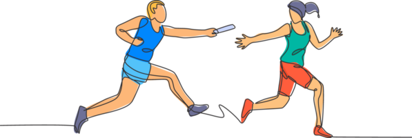 un continu ligne dessin de Jeune sportif coureur homme passer bâton bâton à le sien équipe copain. en bonne santé mode de vie et amusement le jogging sport concept. dynamique Célibataire ligne dessiner conception graphique illustration png