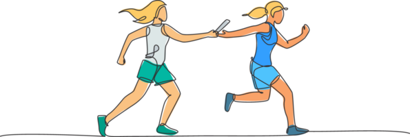 One continuous line drawing young sporty runner women pass baton stick at run race event. Healthy lifestyle and fun jogging sport concept. Dynamic single line draw design graphic illustration png