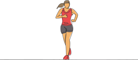 enda kontinuerlig linje teckning av ung Lycklig hälsa löpare kvinna löpning på springa Spår. roligt sport joggning och friska livsstil begrepp. trendig ett linje dra design illustration grafisk png