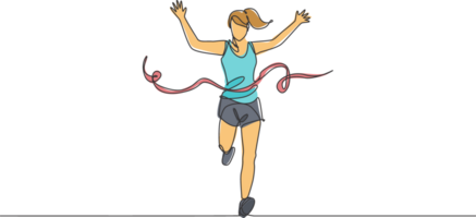 Single continuous line drawing young happy health runner woman running pass finish line at run race. Sport sprint and healthy lifestyle concept. Trendy one line draw graphic design illustration png