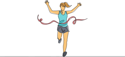 soltero continuo línea dibujo joven contento salud corredor mujer corriendo pasar terminar línea a correr carrera. deporte pique y sano estilo de vida concepto. de moda uno línea dibujar gráfico diseño ilustración png