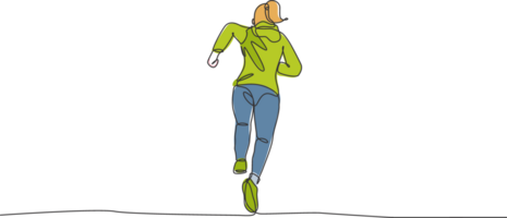 One single line drawing of young happy runner woman wearing hoodie exercise to improve stamina illustration. Healthy lifestyle and competitive sport concept. Modern continuous line draw design png