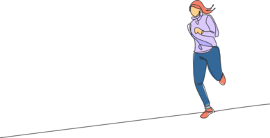 ett kontinuerlig linje teckning av ung sportig löpare kvinna bär luvtröja och koppla av löpning. friska livsstil och roligt joggning sport begrepp. dynamisk enda linje dra grafisk design illustration png