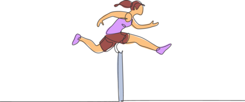 Single continuous line drawing of young happy health runner woman jump running through hurdle barrier at run track. Sport and healthy lifestyle concept. Trendy one line draw design illustration png