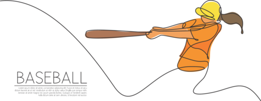 soltero continuo línea dibujo de joven ágil mujer béisbol jugador golpear el pelota en serio. deporte ejercicio concepto. de moda uno línea dibujar diseño gráfico ilustración para béisbol promoción medios de comunicación png