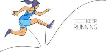 ett enda linje teckning av ung energisk kvinna löpare praktiserande till hoppa medan springa illustration. friska sport Träning begrepp. modern kontinuerlig linje dra design för löpning lopp baner png