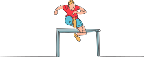 un continu ligne dessin de Jeune sportif homme coureur sauter obstacle à fonctionnement piste. santé activité sport concept. dynamique Célibataire ligne dessiner conception illustration pour fonctionnement un événement affiche png